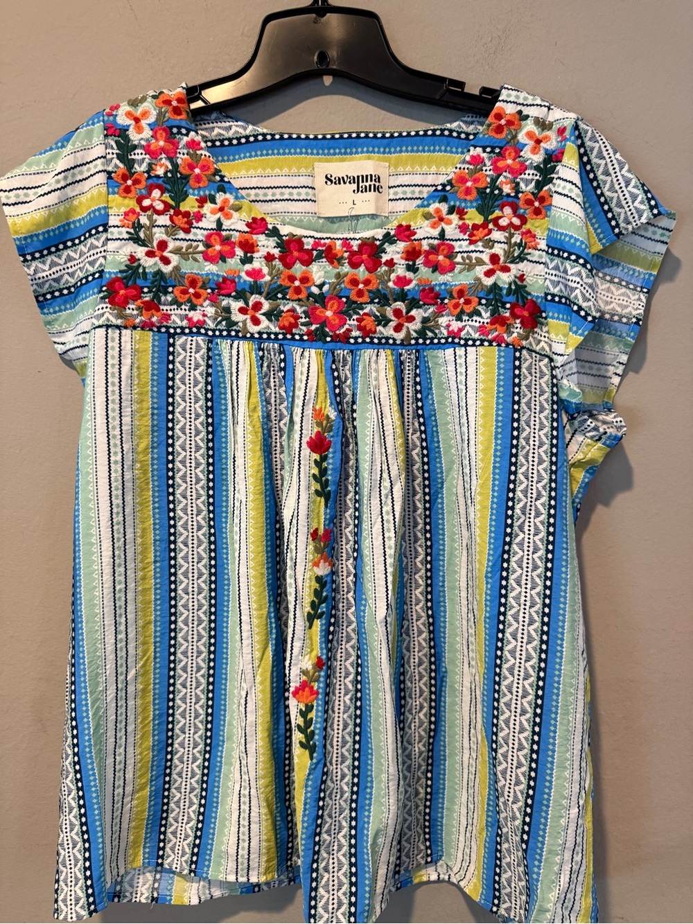 Savanna Jane Blue, Green & Yellow Striped Embroidered blouse New with tags